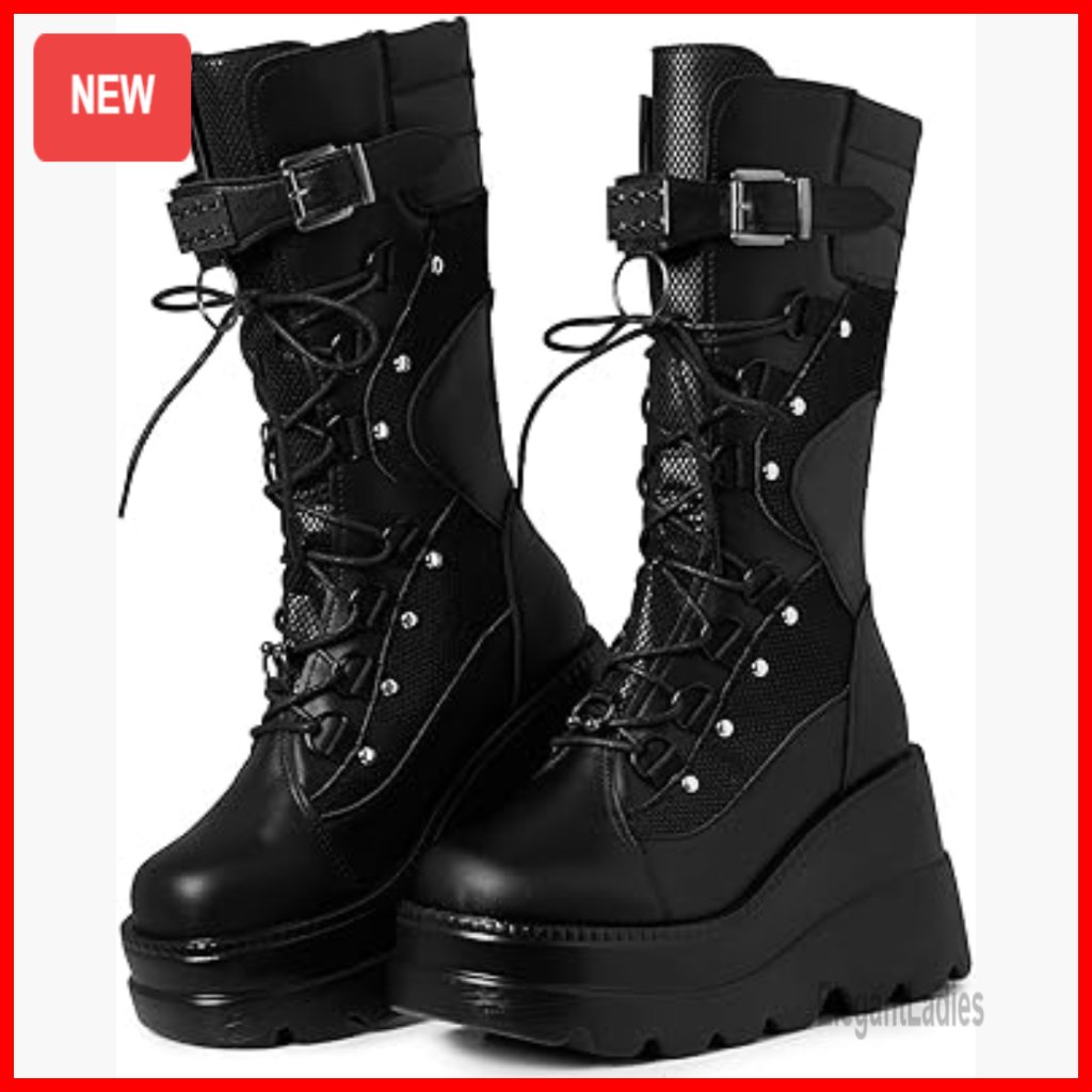 Women's Platform Combat Boots Chunky Wedge Heel Mid Calf Lace Up Zipper